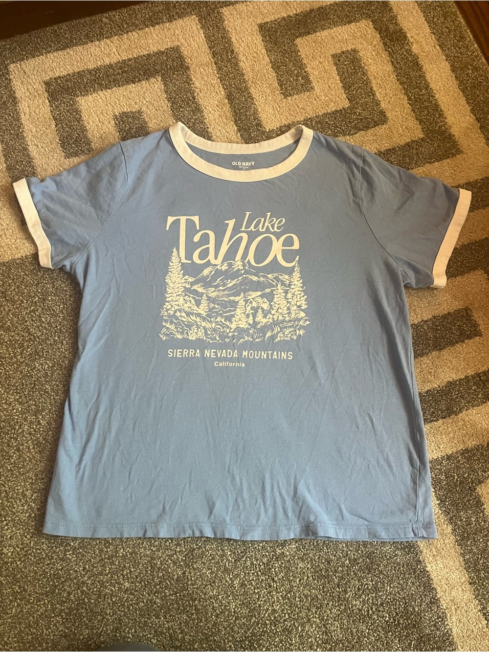 Old Navy Light Blue Lake Tahoe Graphic Ringer Tee with White Trim